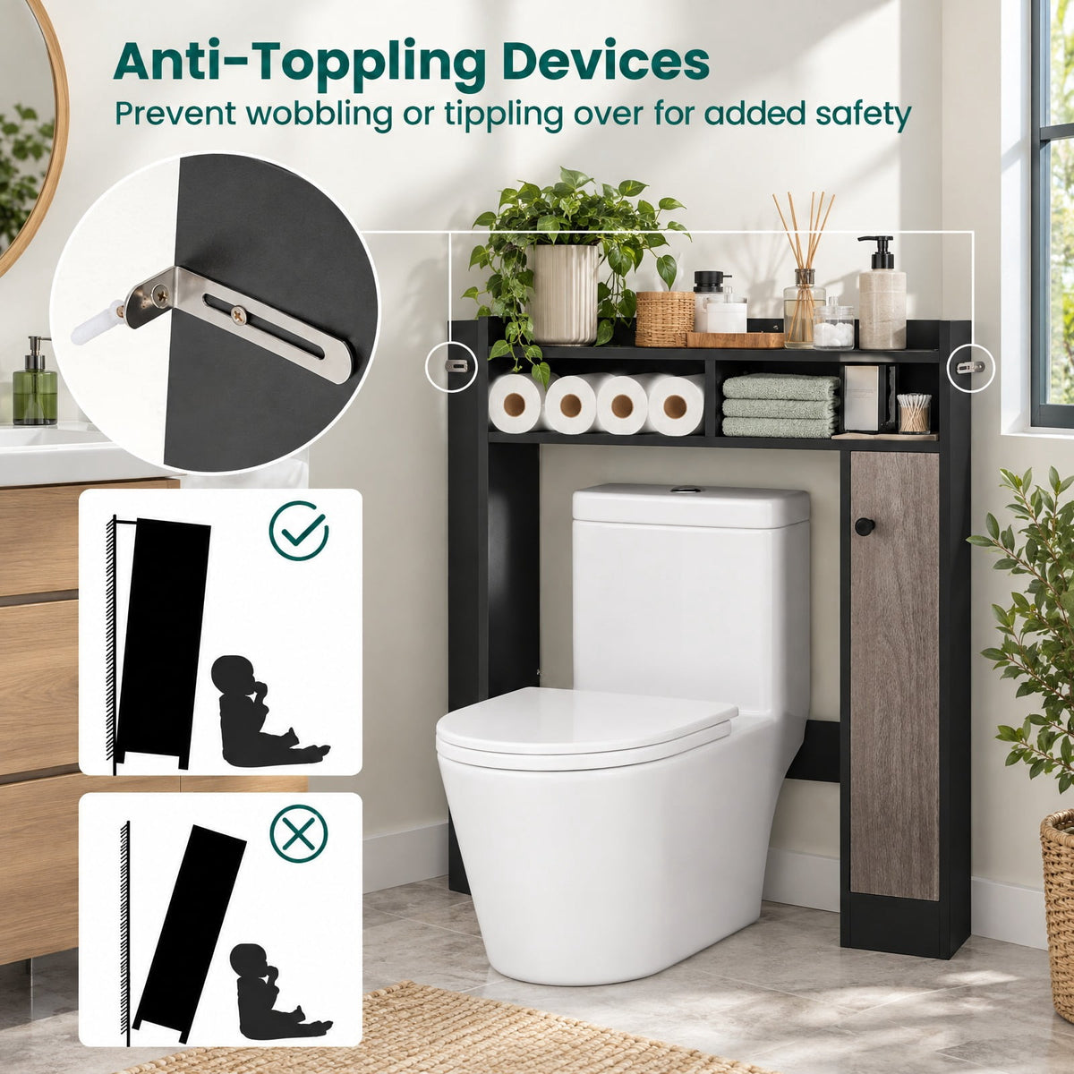 Airfind Bathroom Over the Toilet Floor Storage Organizer with Adjustable Shelves, 100 lbs Capacity, MDF Engineered Wood Frame, Black
