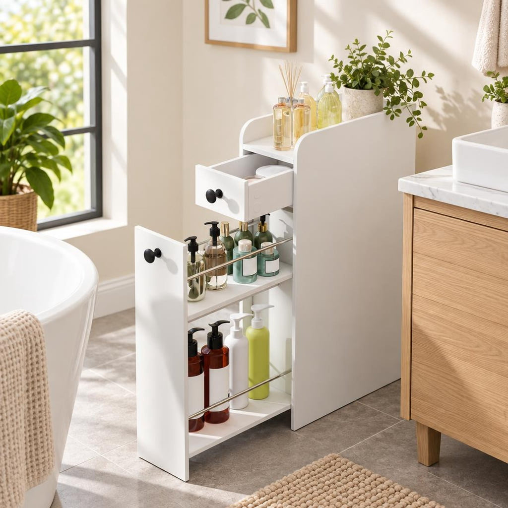 Airfind Small Bathroom Storage Cabinet 4-Tier with Slide Out Drawers on Casters, 66 lbs Capacity, MDF Frame, 16 Inch x 7 Inch x 27.5 Inch Drawer Footprint