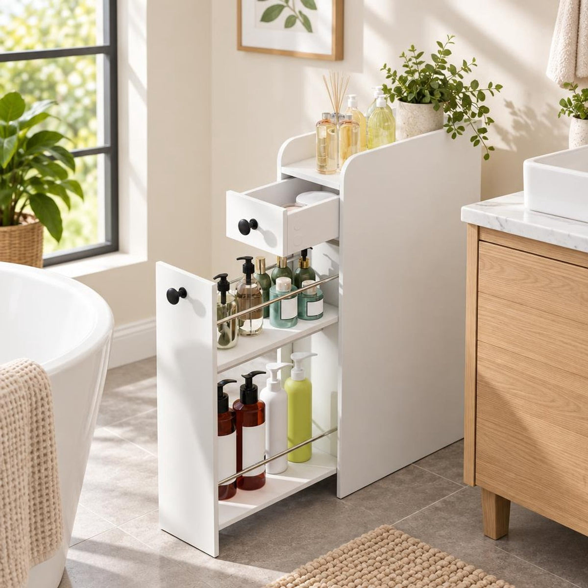 Airfind Small Bathroom Storage Cabinet 4-Tier with Slide Out Drawers on Casters, 66 lbs Capacity, MDF Frame, 16 Inch x 7 Inch x 27.5 Inch Drawer Footprint