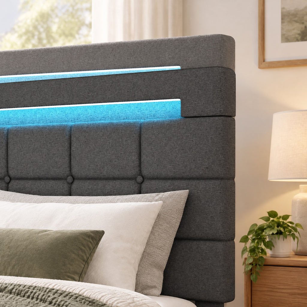 Airfind Upholstered LED Bed Frame with Headboard and 4 Drawers, 880 lbs Capacity, 78 x 43.5 x 40.5-42.5(L x W x H) Drawer Footprint, Gray