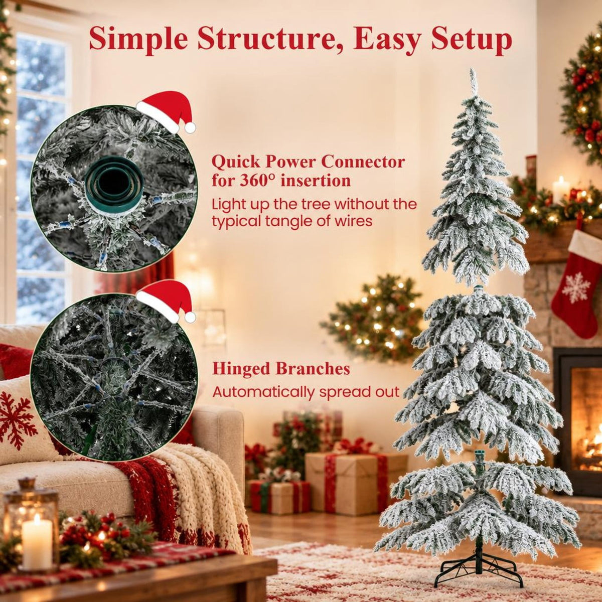 Airfind 9 Feet Pre-Lit Artificial Xmas Tree Hinged Xmas Tree with Quick Power Connectors, PVC Metal Frame, 4.4 x 9 ft Footprint, White