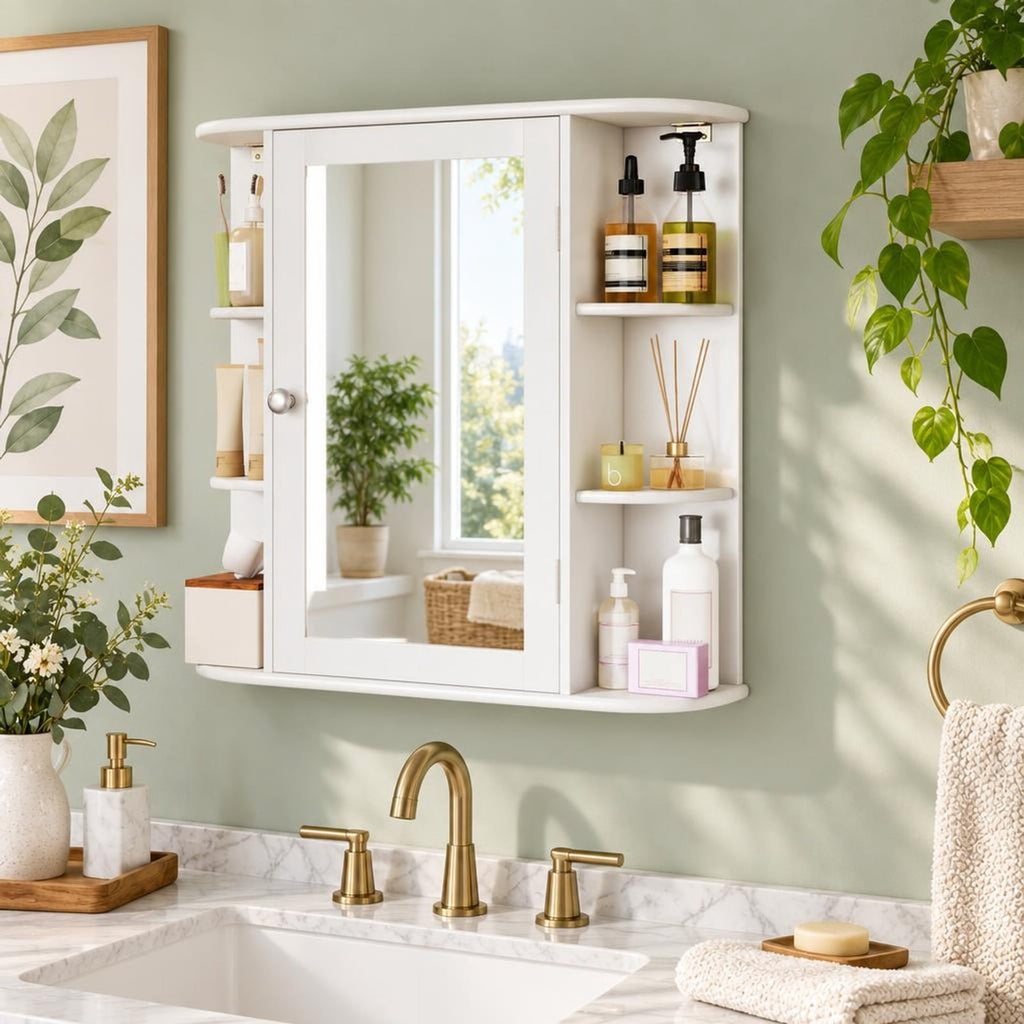 Airfind Multipurpose Mount Wall Mirror Bathroom Storage Cabinet, 44 lbs Capacity, MDF Frame, 26in x 6.5in x 25in (L x W x H) Open Compartment Footprint