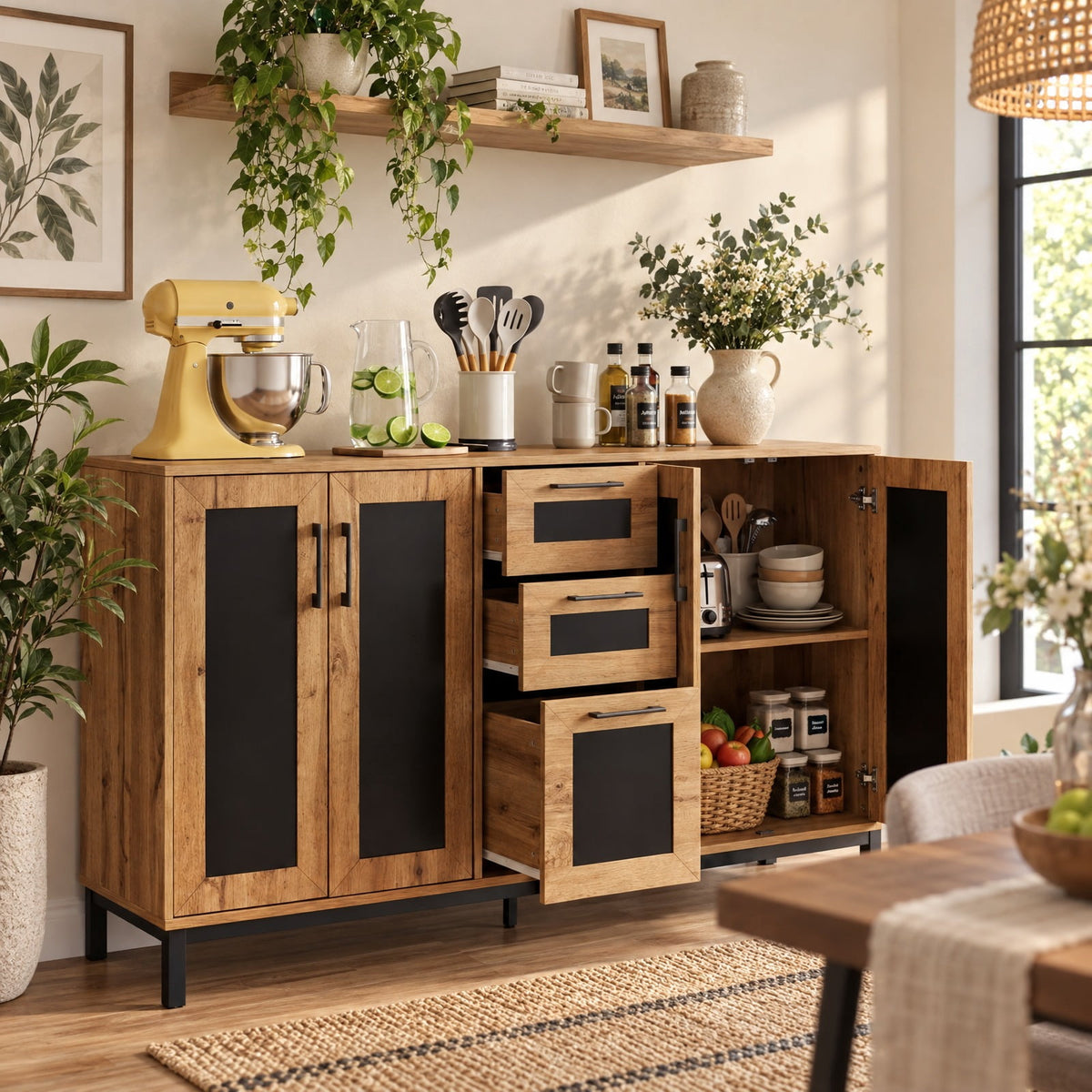 Airfind 63 Inch Sideboard Buffet Cabinet with 3 Drawers and Storage Shelves, 135 lbs Capacity, Engineered Wood Frame, 63 Inch x 16 Inch x 37.5 Inch Footprint