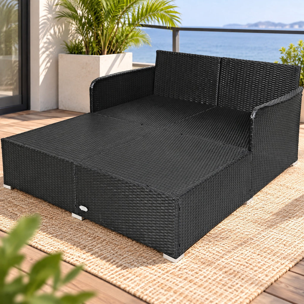 Airfind Spacious Outdoor Rattan Daybed with Upholstered Cushions and Pillows, 800 lbs Capacity, Rattan Steel Sponge Frame, Red