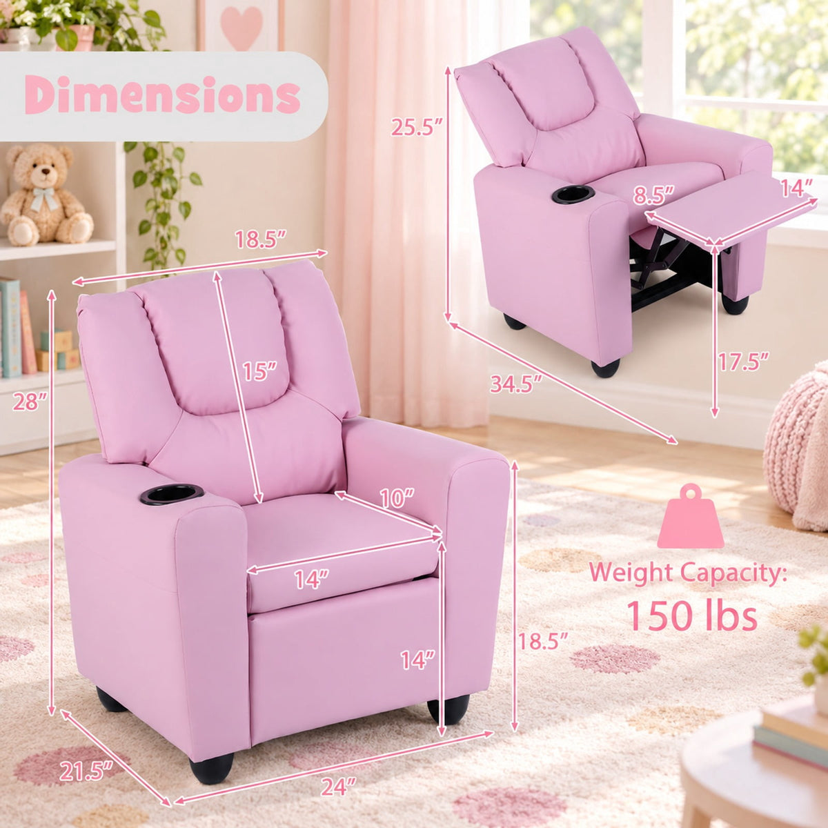 Airfind Kids Recliner Chair Push Back Toddler Reclining Armchair with Cup Holder, 150 lbs Capacity, Wood Frame, for 3+ years old, PInk