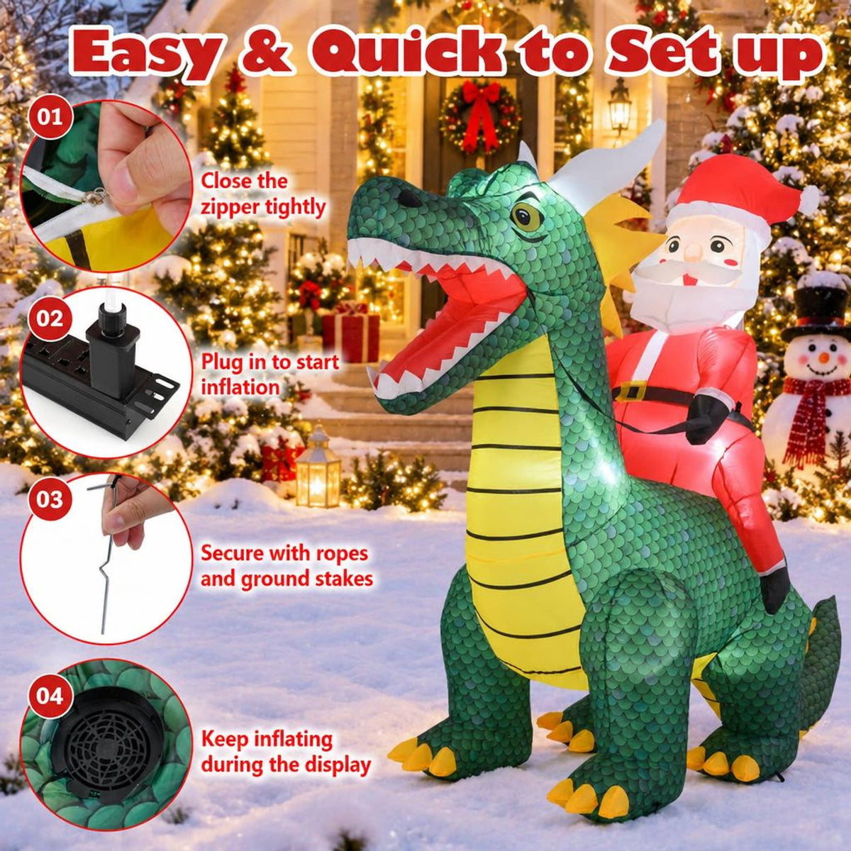 Airfind 6.7 Feet Christmas Inflatable Santa Claus Ride on Dinosaur with Built, Polyester Fabric Frame, 6.7 ft x 3 ft x 6 ft Footprint, Multi-color