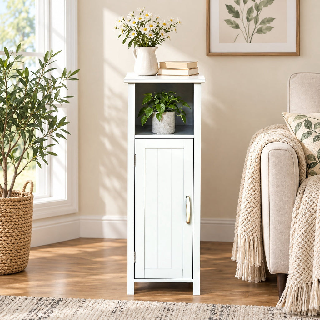 Airfind 1-Door Freestanding Bathroom Cabinet with Open Shelf, 66 lbs Capacity, MDF Frame, 12in x 12in x 31.5in Footprint, White