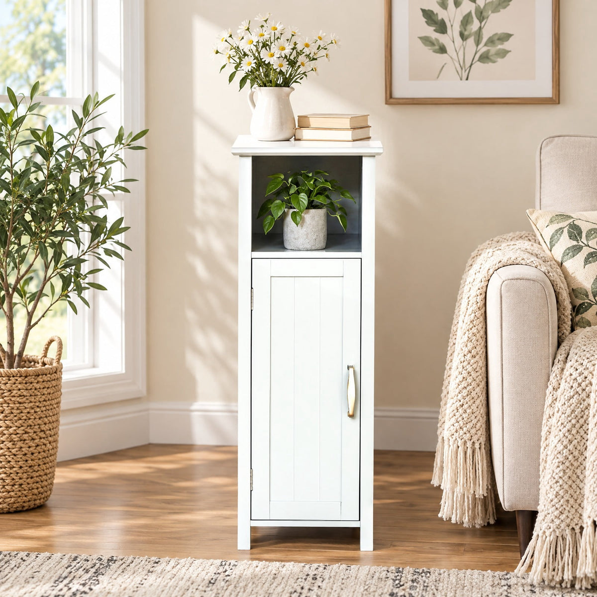 Airfind 1-Door Freestanding Bathroom Cabinet with Open Shelf, 66 lbs Capacity, MDF Frame, 12in x 12in x 31.5in Footprint, White