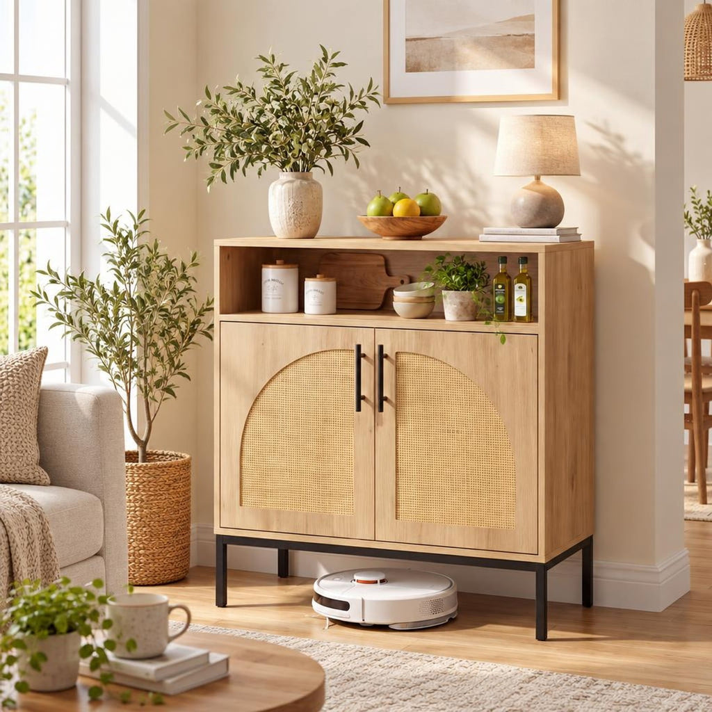 Airfind 32 Sideboard Buffet Cabinet with 2 Natural Rattan Decorated Doors and Adjustable Shelf, 145 lbs Capacity, 32 x 15 x 32.5 Footprint