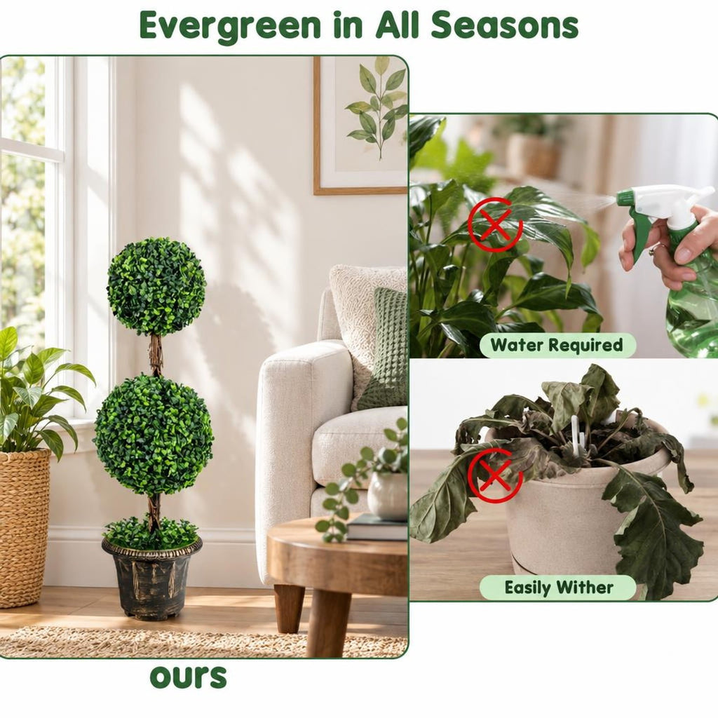 Airfind 36 Inch Artificial Double Ball Tree Indoor and Outdoor UV Protection, PE wood rattan iron tube cement Frame, Green