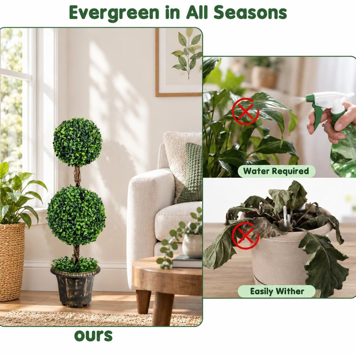 Airfind 36 Inch Artificial Double Ball Tree Indoor and Outdoor UV Protection, PE wood rattan iron tube cement Frame, Green