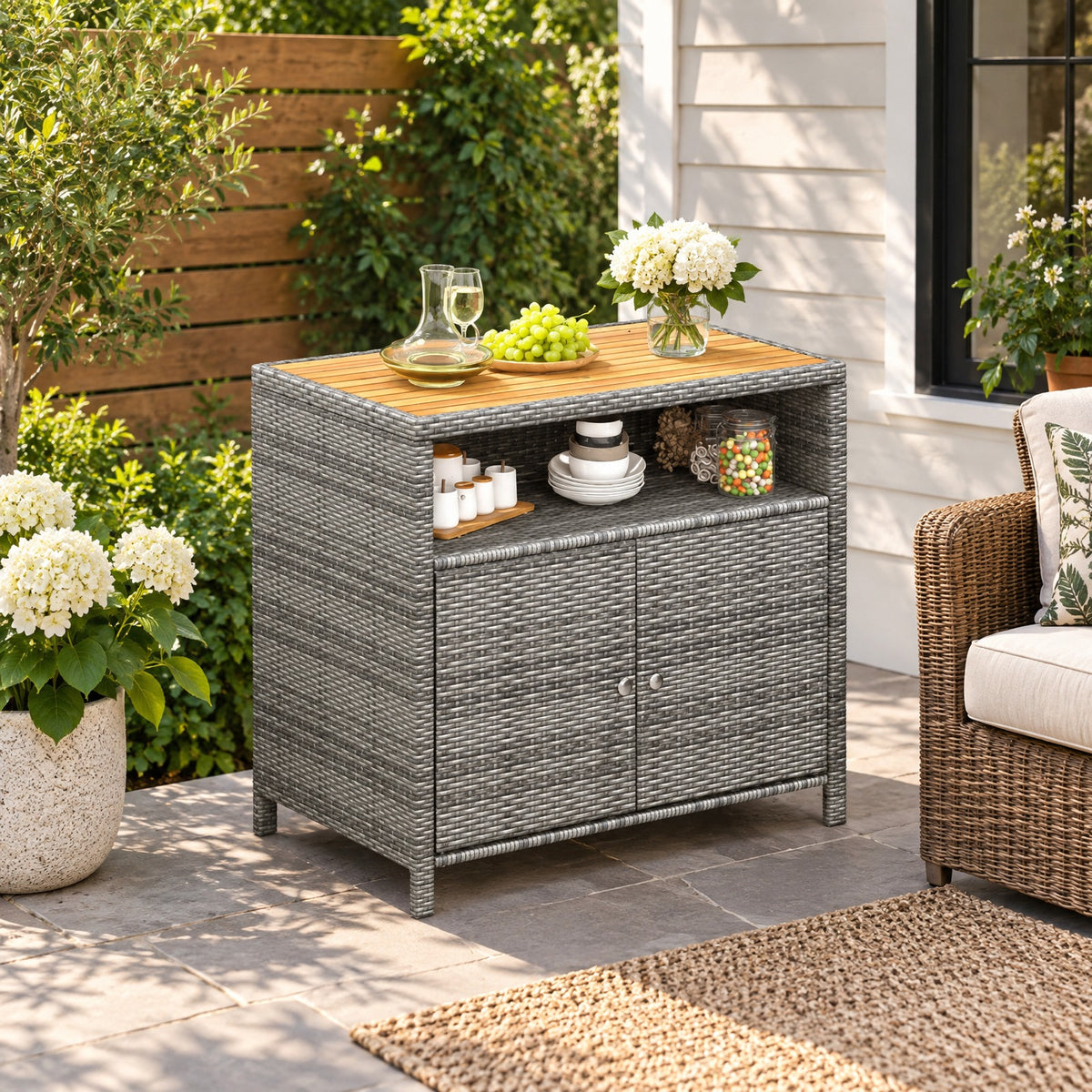 Airfind Rattan Storage Cabinet with Acacia Wood Countertop for Poolside Deck and Patio, 100 lbs Capacity, PE Rattan Acacia Wood Metal Frame, Gray
