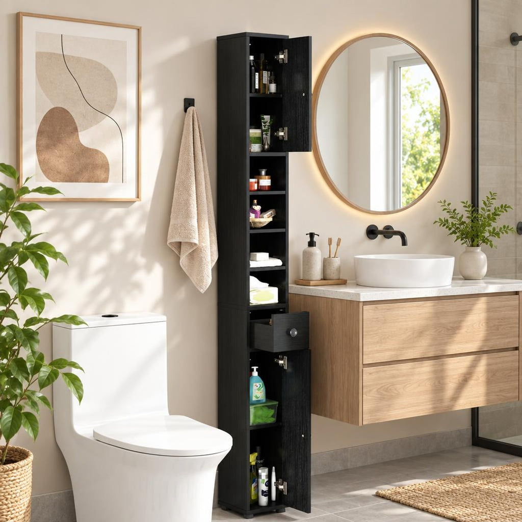 Airfind Freestanding Slim Bathroom Cabinet with Drawer and Adjustable Shelves, 110 lbs Capacity, MDF Frame, 8in x 8in x 71in Total Footprint, Black