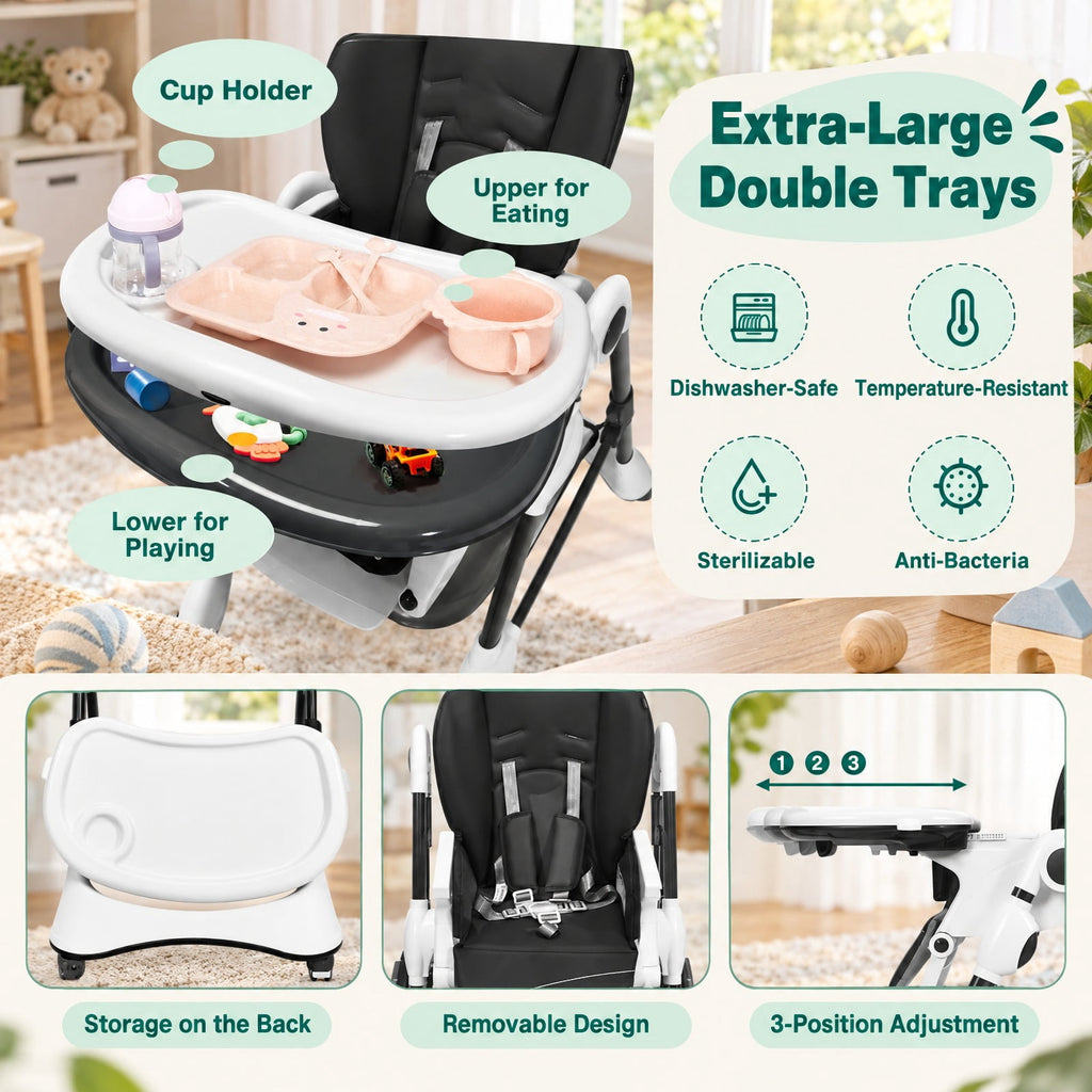 Airfind A-Shaped High Chair with 4 Lockable Wheels, 50 lbs Capacity, Iron Frame, for 0-36 months, 22 x 26 x 32 Footprint, Gray