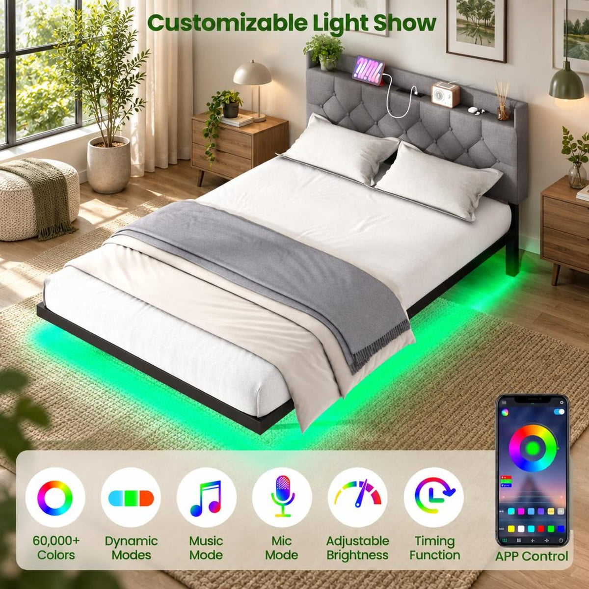 Airfind Full/Queen Size Floating Bed Frame with LED and Headboard and Charging Station, 660 lbs Capacity, 78.5 Inch x 55.5 Inch x 34 Inch Bed Platform Footprint