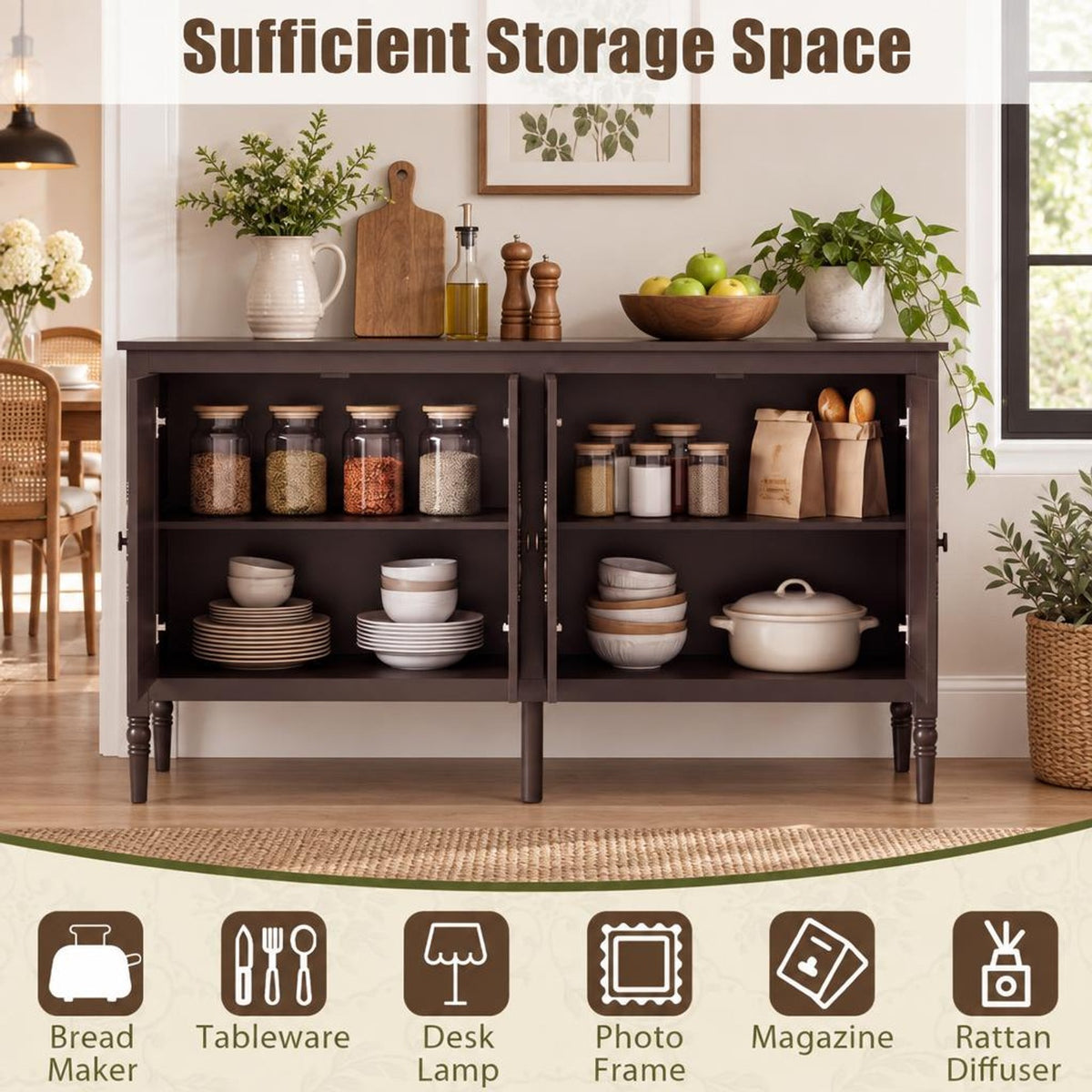 Airfind 58 Vintage Buffet Cabinet with Pine Wood Legs and Adjustable Shelves for Kitchen, 150 lbs Capacity, Engineered Wood Pine Wood Metal Frame