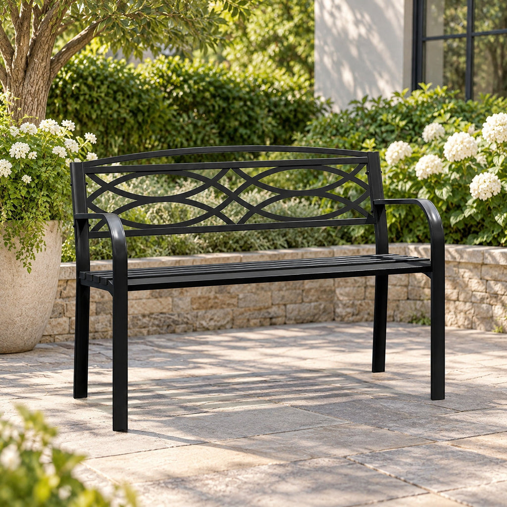 Airfind Garden Bench with Curved Armrests and Backrest, 660 lbs Capacity, Metal Frame, 19.5 x 45.5 x 32.5 Footprint, Black