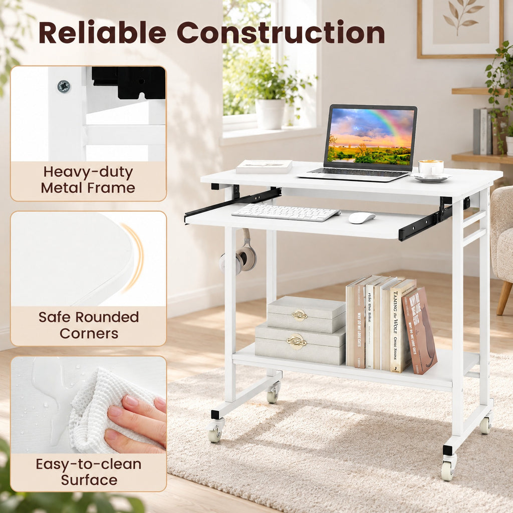 Airfind Rolling Laptop Table with Pull-out Keyboard Tray and Hooks, Engineered Wood Metal Frame, 31.5 x 19.5 x 31 Footprint, White