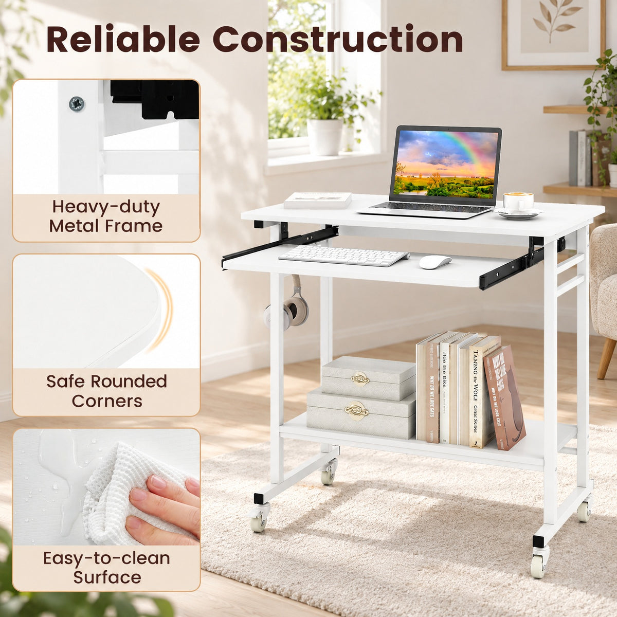 Airfind Rolling Laptop Table with Pull-out Keyboard Tray and Hooks, Engineered Wood Metal Frame, 31.5 x 19.5 x 31 Footprint, White