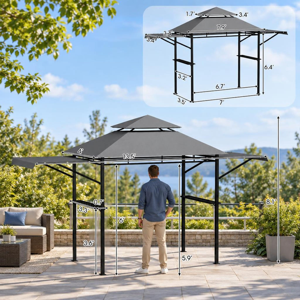 Airfind 13.5 x 4 Feet Patio BBQ Grill Gazebo Canopy with Dual Side Awnings, Polyester fabric steel Frame, 13 .5 x 4 x 8.1 Footprint, Gray