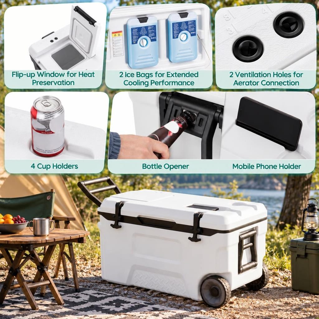 Airfind 53 Quart Portable Rolling Cooler with Fish Ruler for Outdoor, PP PU HDPE TPE Frame, 29.5 x 16 x 16 Footprint, White