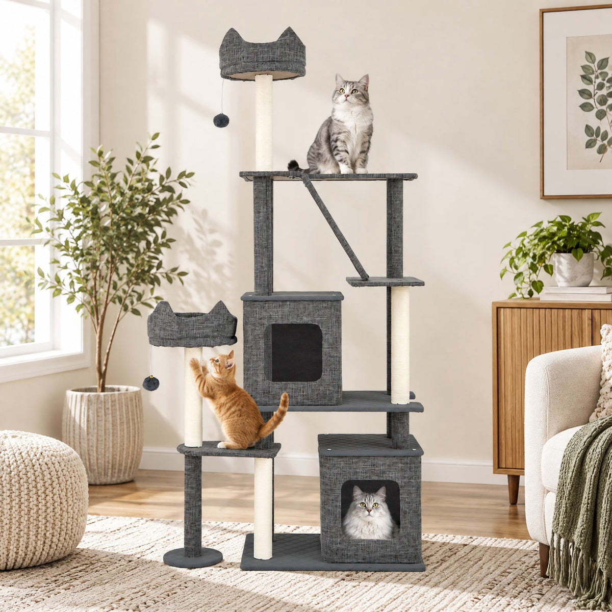 Airfind 71 Inch Tall Cat Tree Multi-Level Large Cat Tower with Scratching Posts, 33 lbs Capacity, 34in x 16in x 71in Condo Footprint, Grey