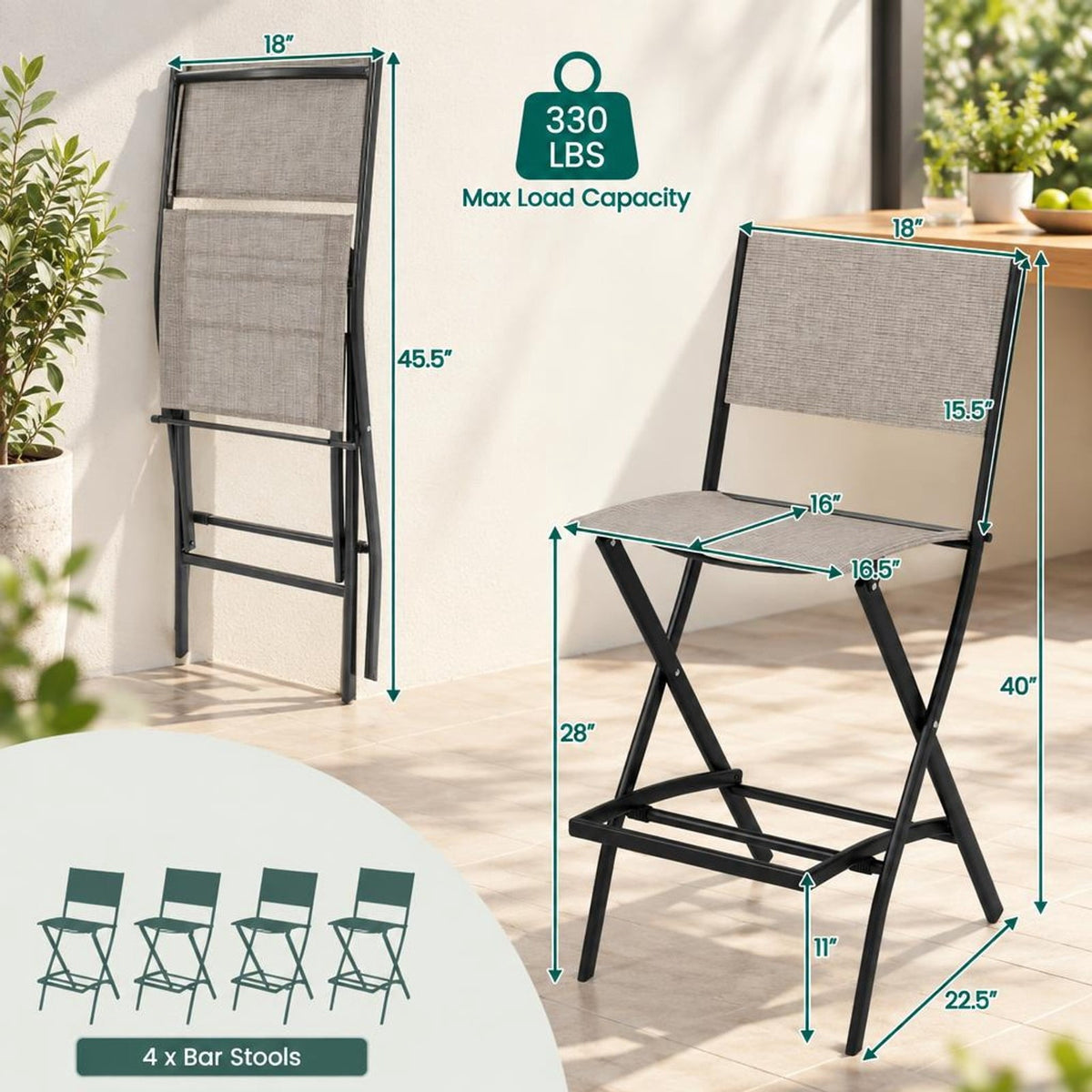 Airfind Outdoor Folding Bar Height Stool Set of 4 with Metal Frame and Footrest, 330 lbsNet Weight 11 lbsBox Qty1(May vary by batch) Capacity
