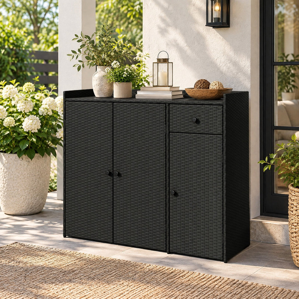 Airfind 3 Doors Outdoor PE Wicker Storage Cabinet for Deck, 110 lbs Capacity, PE Rattan Metal Frame, 48 x 17 x 40 Footprint, Black