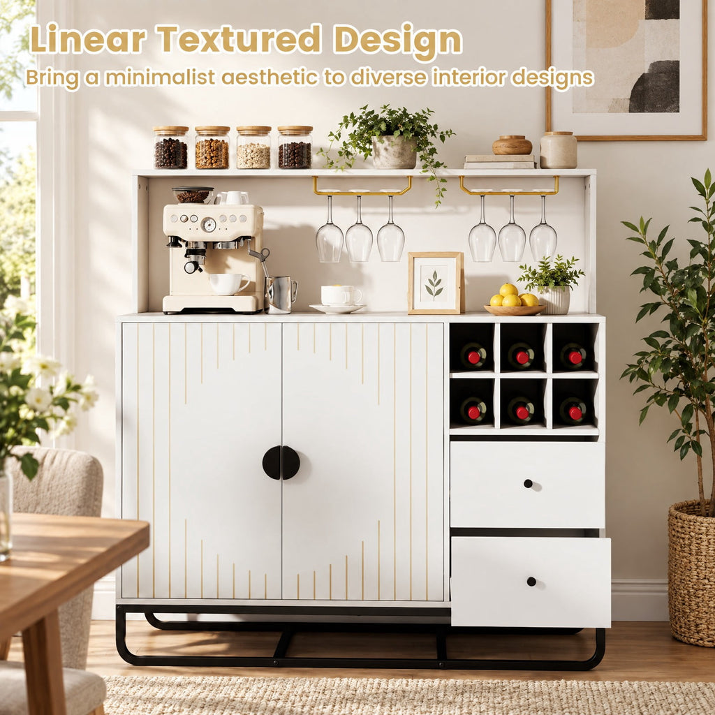 Airfind Home Bar Cabinet with Wine Rack Glass Holder and Adjustable Shelf, 47 Inch x 16 Inch x 48.5 Inch Inner Footprint, White