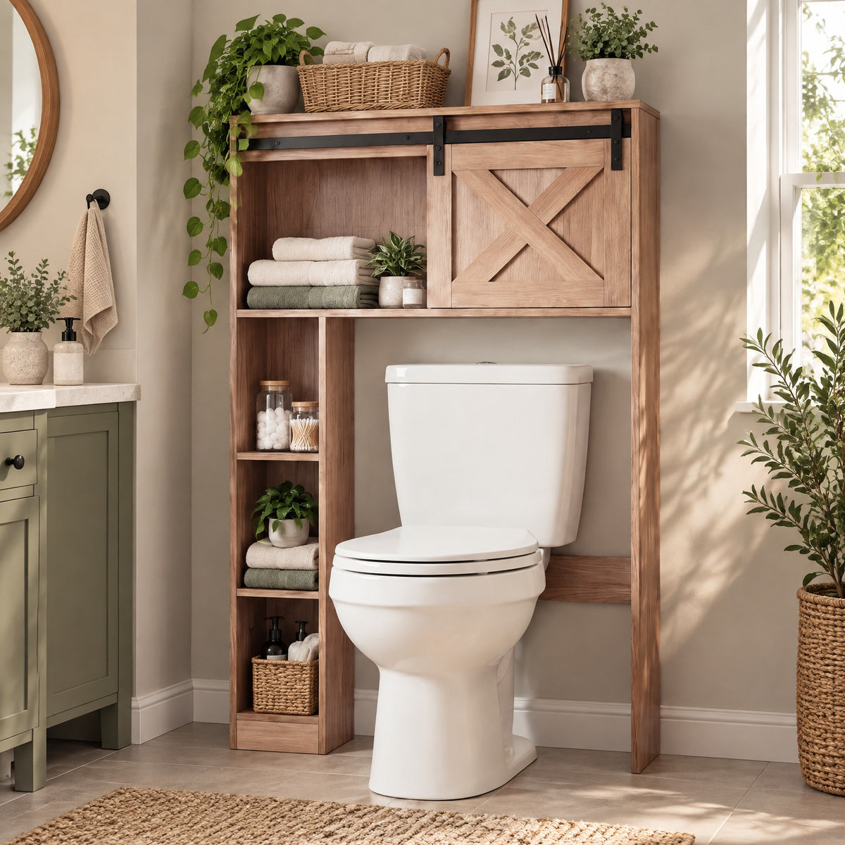 Airfind 4-Tier Over The Toilet Storage Cabinet with Sliding Barn Door and Storage Shelves, 154 lbs Capacity, Engineered Wood MDF Frame, Brown