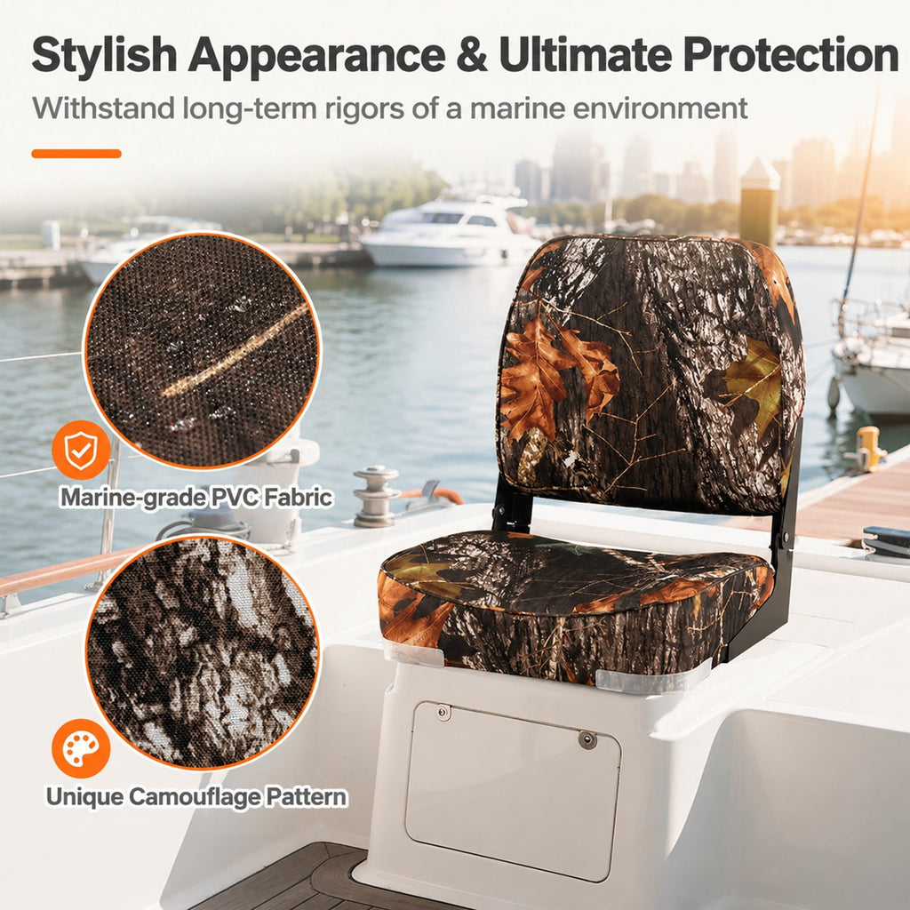 Airfind 2 Pack Folding Low Back Boat Seats with Cushioned PVC Leather and Aluminum Hinges for Fishing Boats and Marine Cabin Seating, Camouflage