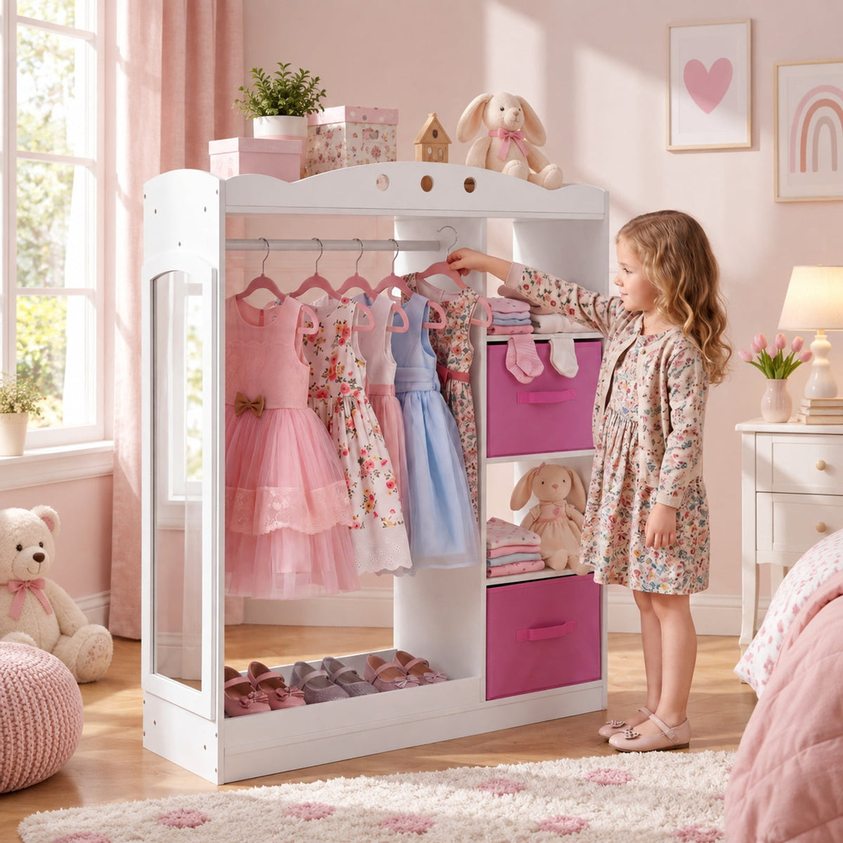 Airfind Kids Dress Up Storage with Full Length Mirror and Open Shelves, Engineered Wood Frame, for 3+ Years Old, 35.5in x 12in x 44in Footprint, White