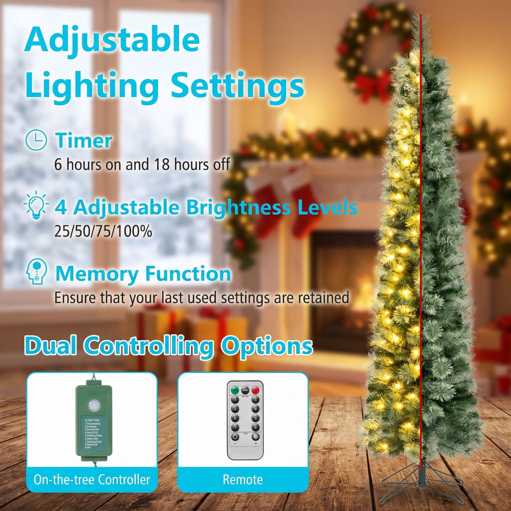 Airfind 6/7/8 FT Pre-Lit Pencil Artificial Christmas Tree with 120/150/200 LED Warm White Lights and 8 Modes, White