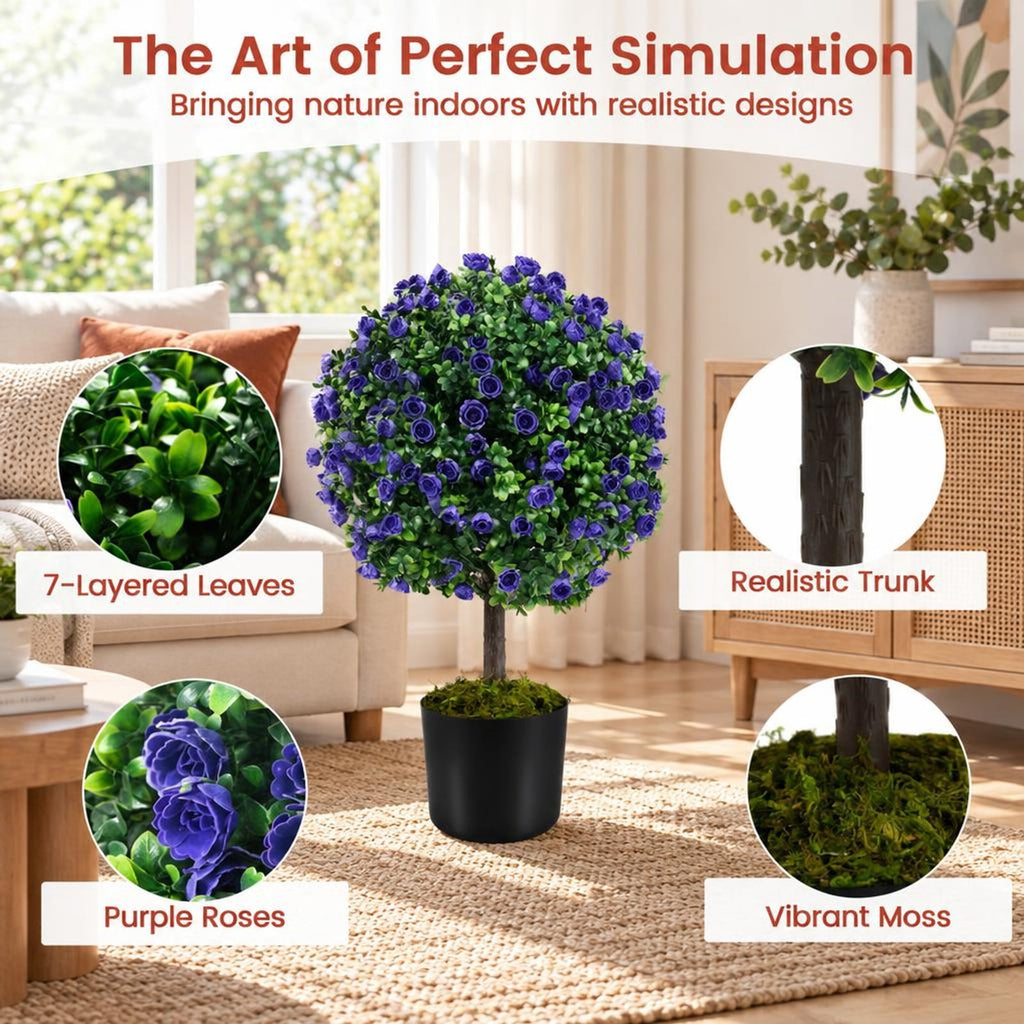 Airfind 22 Inch Set of 2 Artificial Purple Rose Topiary Ball Trees with Cement-Filled Pot, PE PP Cement Overall Height 22 Inch, Purple