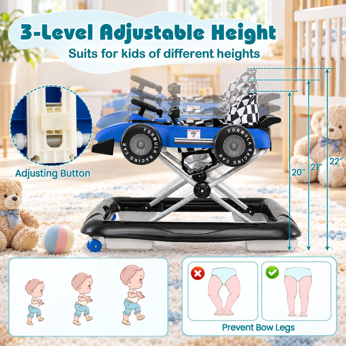 Airfind 4-in-1 Youth Push Walker Activity Center Height Adjustable featuring Music Box, 26.5 lbs Capacity, PP Metal Frame, for 6-18 Months, Blue