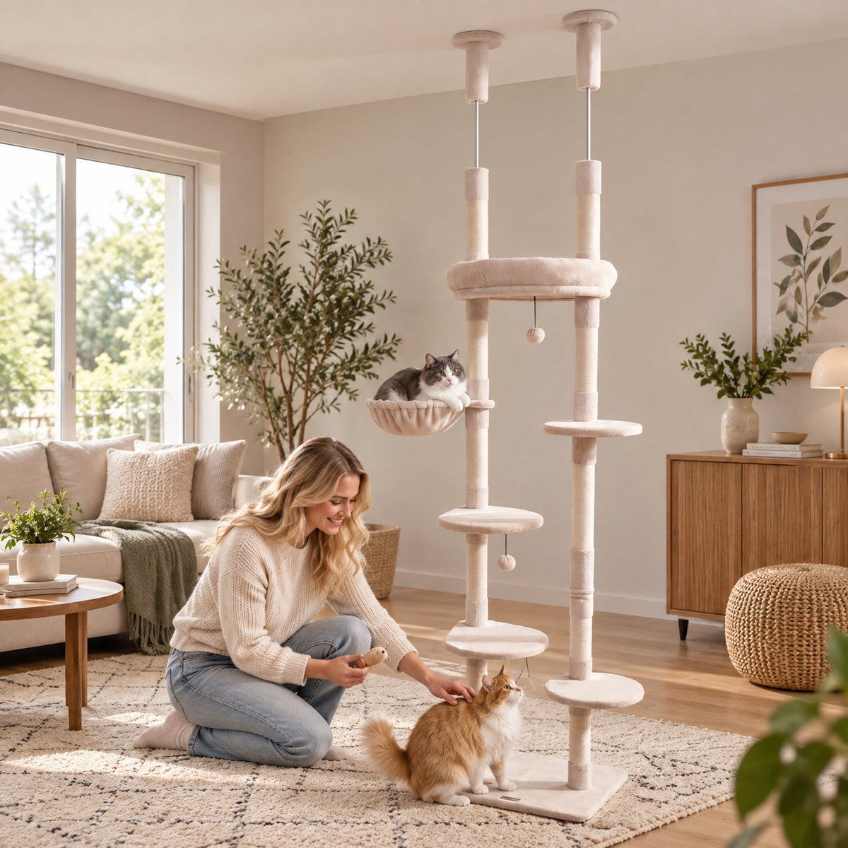 Airfind 6-tier Floor to Ceiling Cat Tree with Plush Bed and Sisal Scratching Posts, 33 kg Capacity, Plywood Plush Metal Sisal Rope Frame, Grey