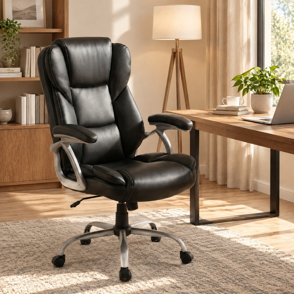 Airfind Executive Office Chair Leather Ergonomic Computer Desk Chair with Padded Seat and Armrests, 330 lbs Capacity, Black