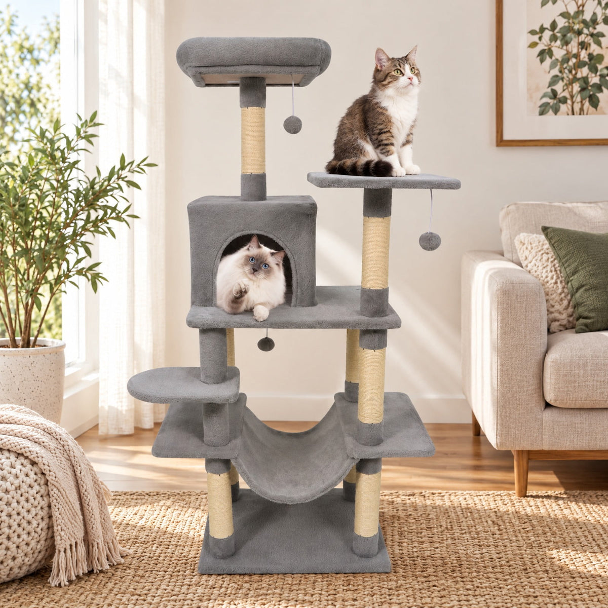 Airfind 58 Multi-Level Cat Tree Soft Plush Cat Tower with Padded Top Perch, PP Cotton Fabric Sisal Engineered Wood Overall Height 58 Base Frame