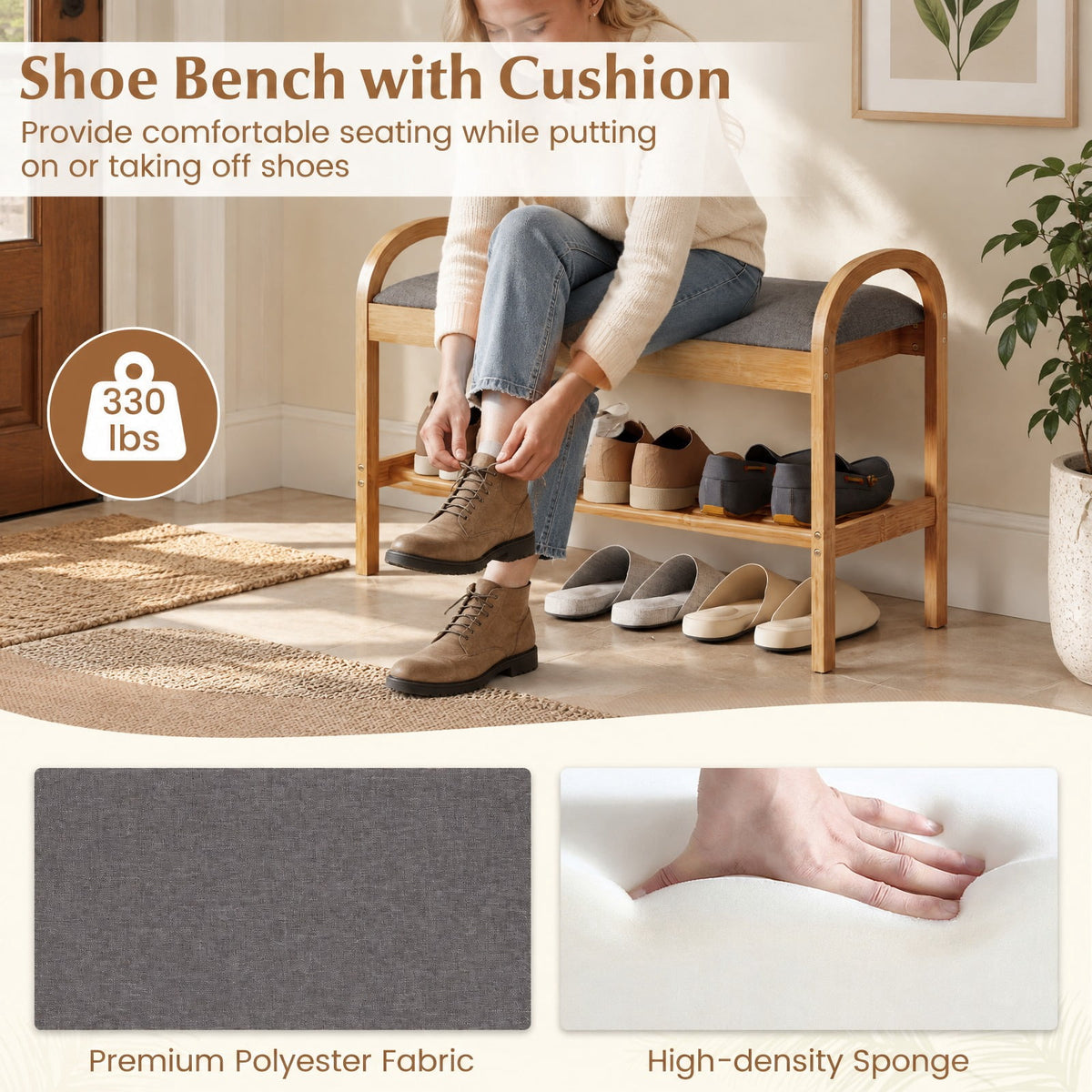 Airfind 2-Tier Bamboo Shoe Bench with Storage and Padded Cushion, 330 lbs Capacity, Bamboo Polyester Fabric Sponge Frame, Gray