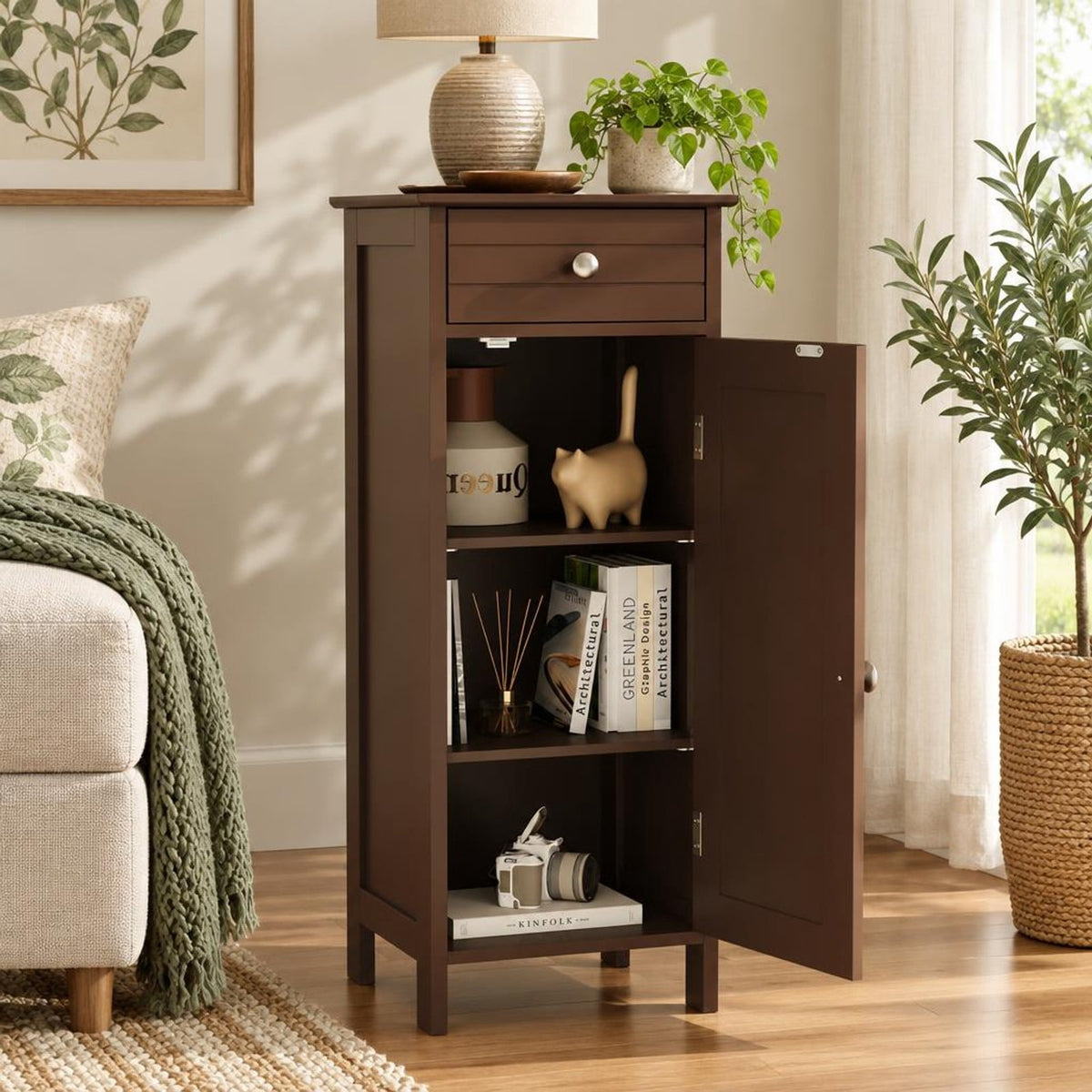 Airfind Wooden Storage Free-Standing Floor Cabinet with Drawer and Shelf, 132 lbs Capacity, MDF Frame, 14in x 12in x 34.5in Footprint, Brown