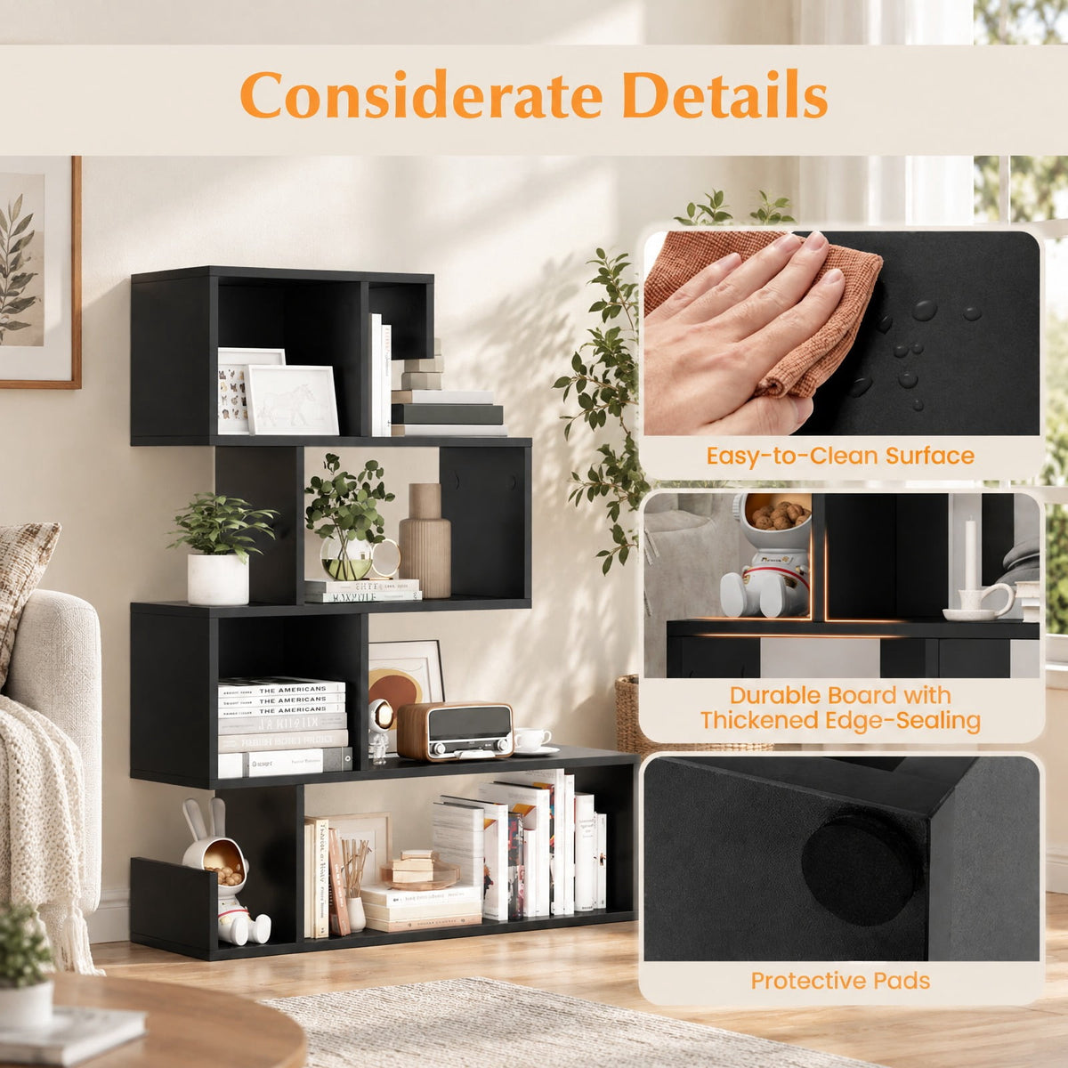 Airfind 5-Tier S-Shaped Bookshelf Geometric Z-Shelf Bookcase with Open Cubes, 44 lbs Capacity, Engineered Wood Frame, 31.5 x 8.5 x 39.5 Footprint