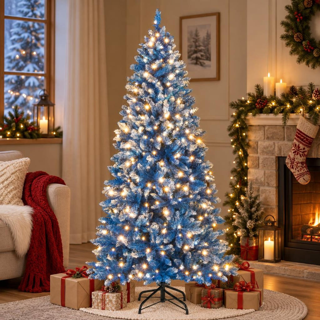 Airfind 6/7/8/9 FT Artificial Christmas Tree with 767 Snowy Branch Tips-6 FT, PVC Metal Frame, 3.1 x 6 ft Footprint, Blue