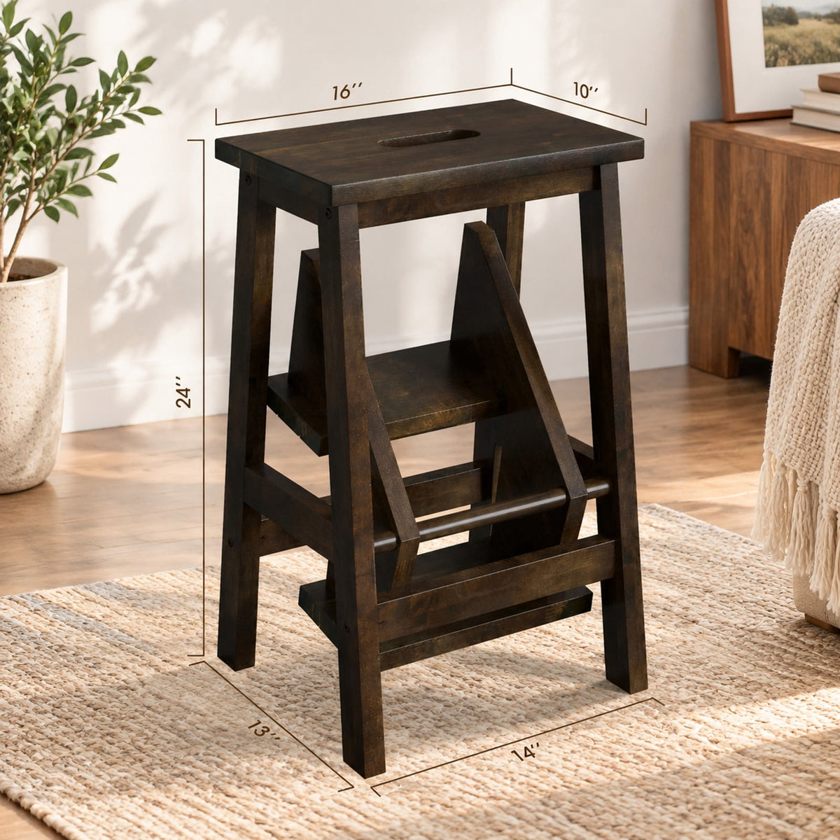 Airfind 3-in-1 Rubber Wood Step Stool with Convenient Handle, Rubber wood Frame, 22 x 16 x 24 Footprint, Brown