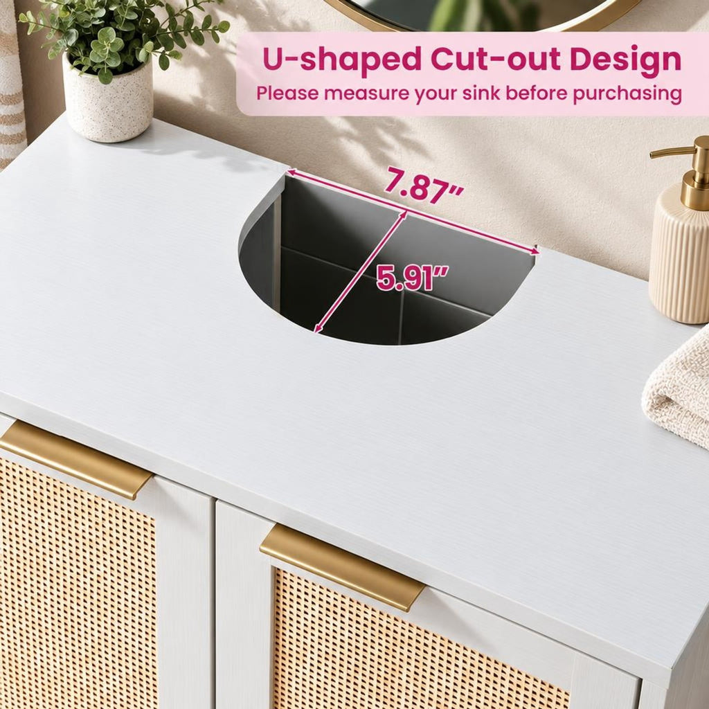 Airfind Bathroom Vanity Cabinet with U-Shaped Cut-Out 2 Rattan Doors and Shelf, 66 Lbs Capacity, Engineered Wood Metal Rattan, White