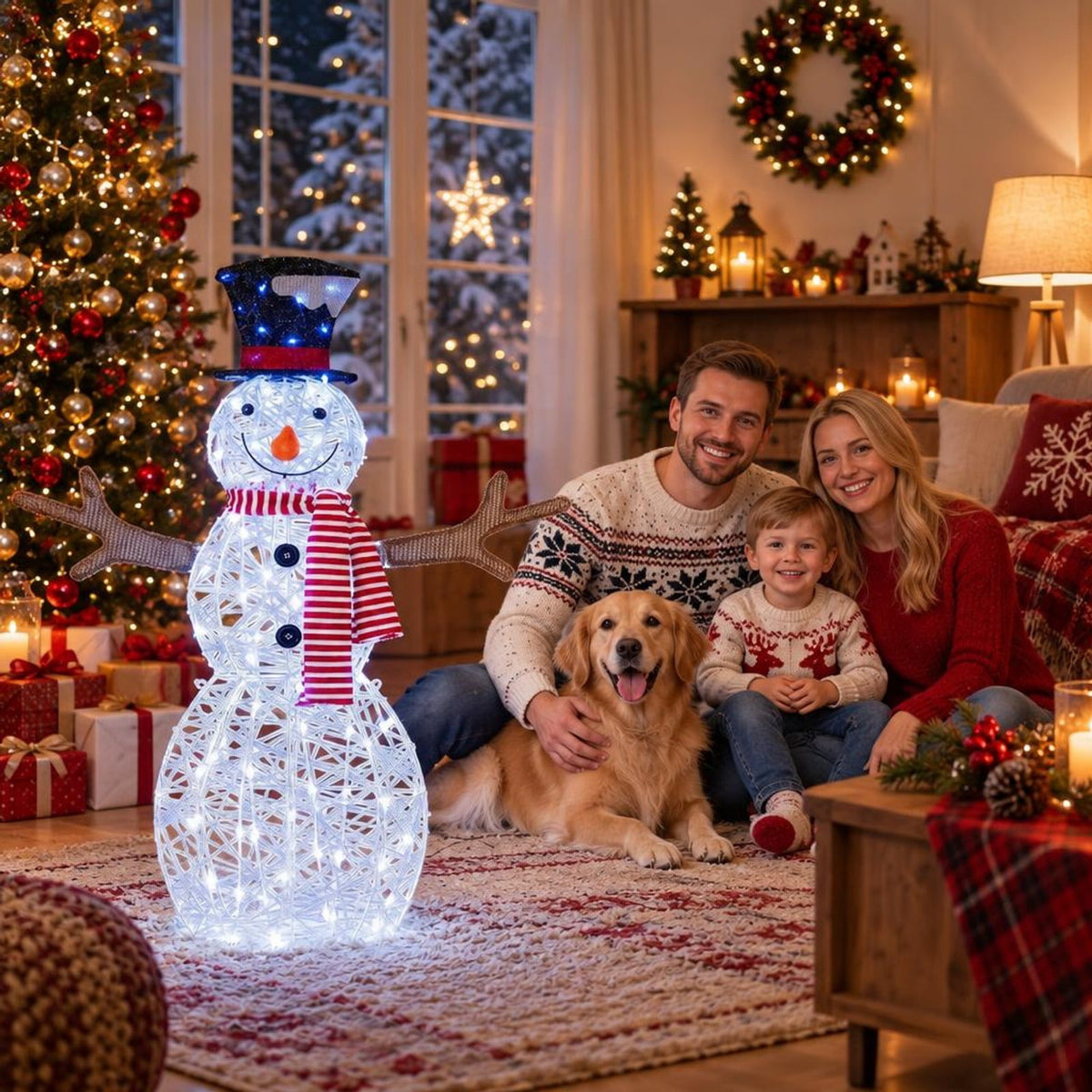 Airfind Lighted Snowman Christmas Decoration with Cold White LED Lights, Metal Tinsel Fabric Frame, 33in x 10in x 43in Length of Footprint, White