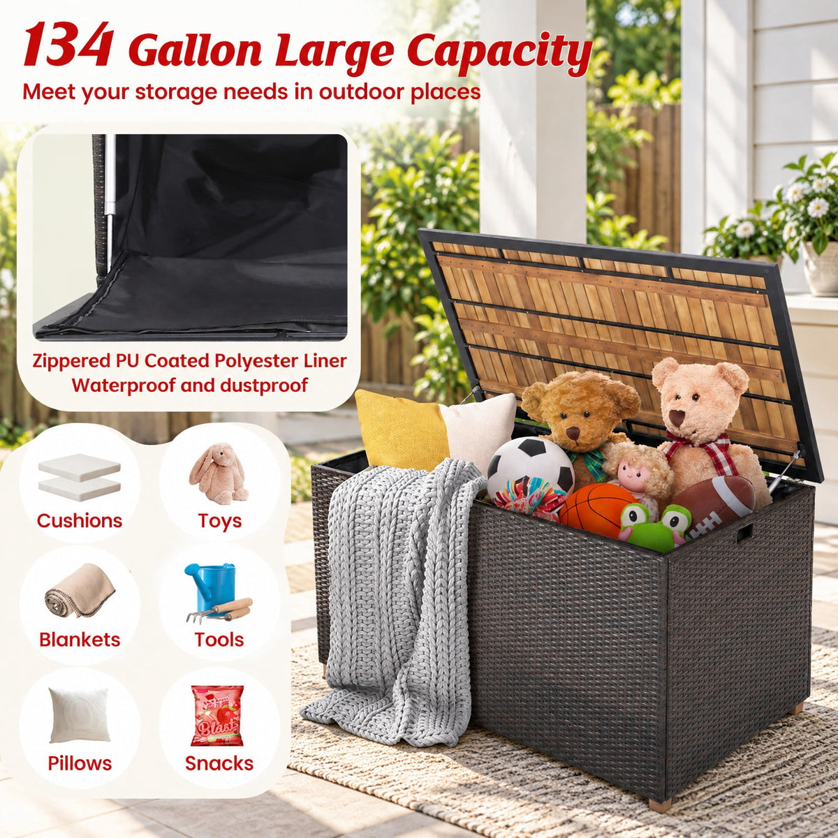 Airfind 134 Gallon Rattan Storage Box with Zippered Liner and Solid Acacia Wood Top, wood board 165 lbs Capacity, 51in x 28.5in x 28in Footprint, Wood