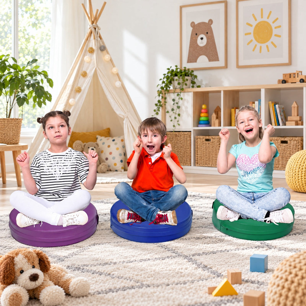 Airfind s 15 Inch Round, 6 Piece, Youth Floor Cushions for Youth, PU EPE Frame, for 9 Months and older with Functional Design, Multicolor