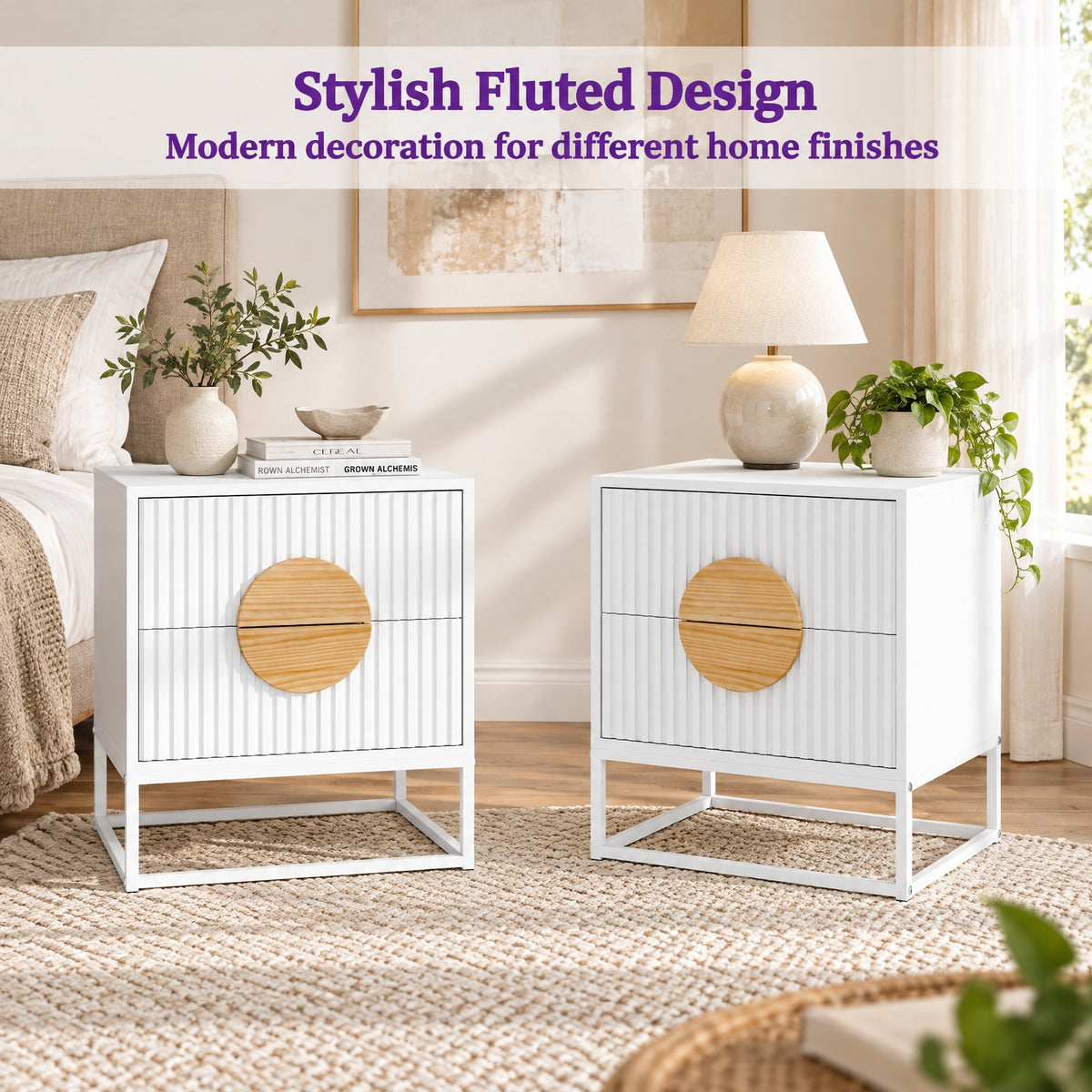Airfind Modern Mid Century Fluted Nightstand with 2 Drawers and Pine Wood Handles for Bedroom, 66 lbs Capacity, Engineered Wood MDF Pine Wood Frame