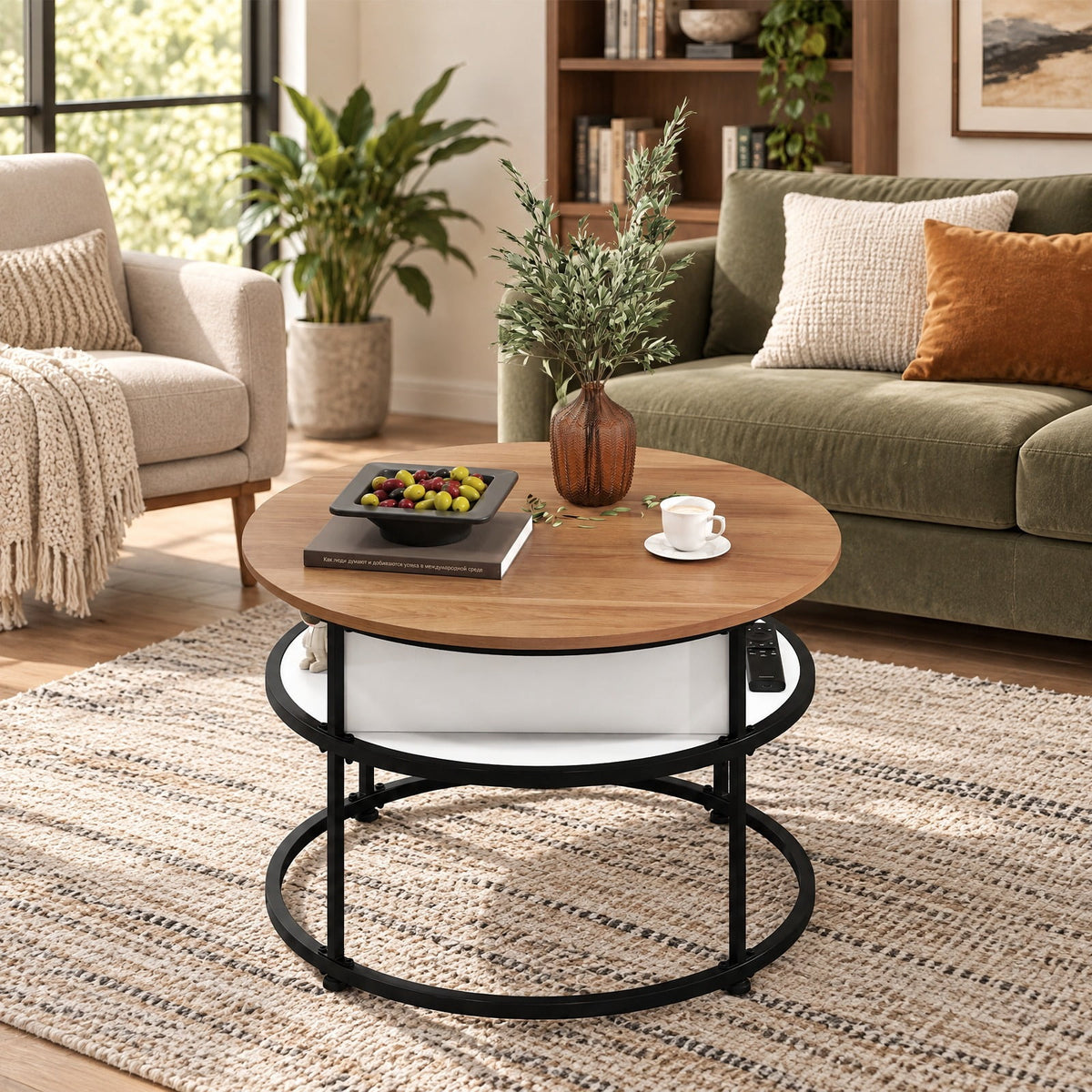 Airfind 31.5 Inch Round Lift Top Coffee Table with Hidden Compartment and Side Shelves, 110 lbs Capacity, Engineered Wood Metal Frame, Teak