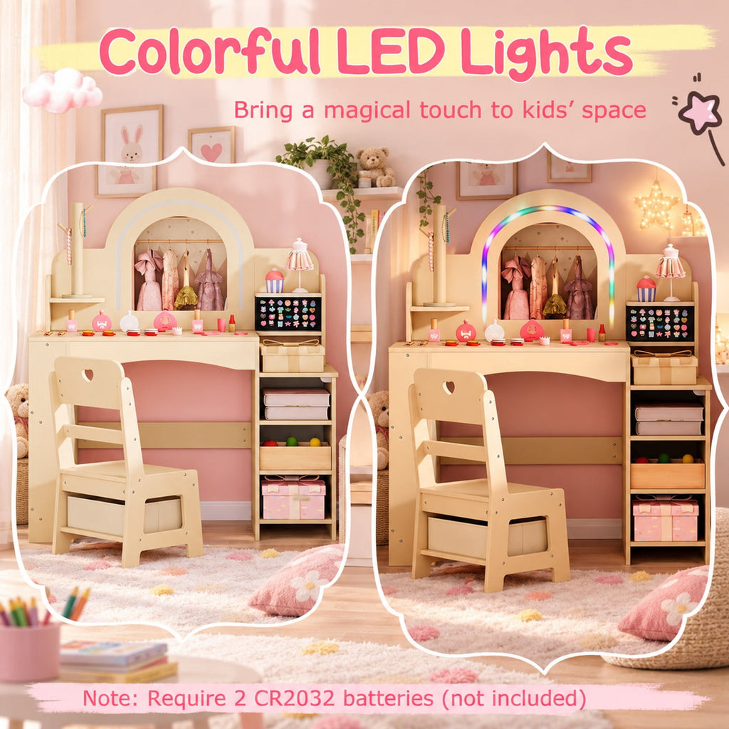 Airfind Kids Vanity Set with Colorful LED Lights Princess Makeup Dressing Table with Chair, 110 lbs Capacity, MDF Frame, 34in x 15.5in x 41in Footprint